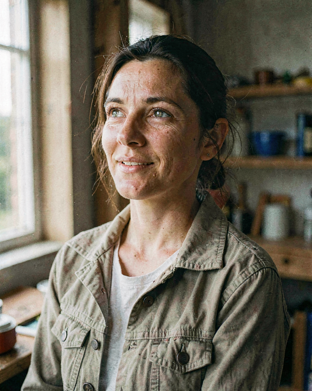 Saoirse Kelleher, a woman in her thirties with a weathered outdoorsy look, in a workshop or research-station setting with shelving.