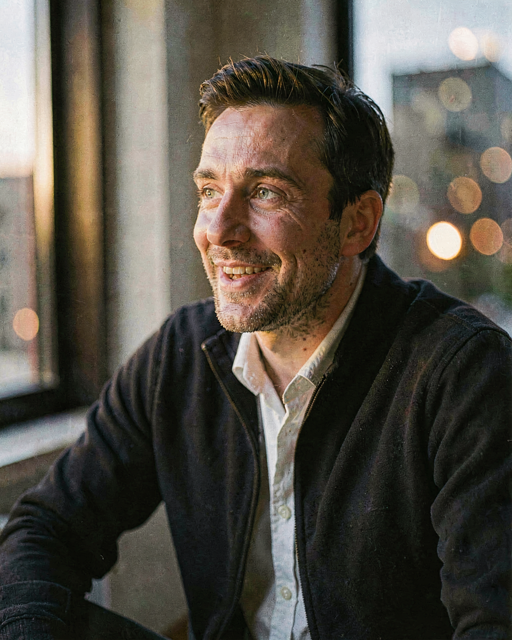 Theo Brandt, a man in his thirties with a genuine smile, in an urban night setting with city-light bokeh.